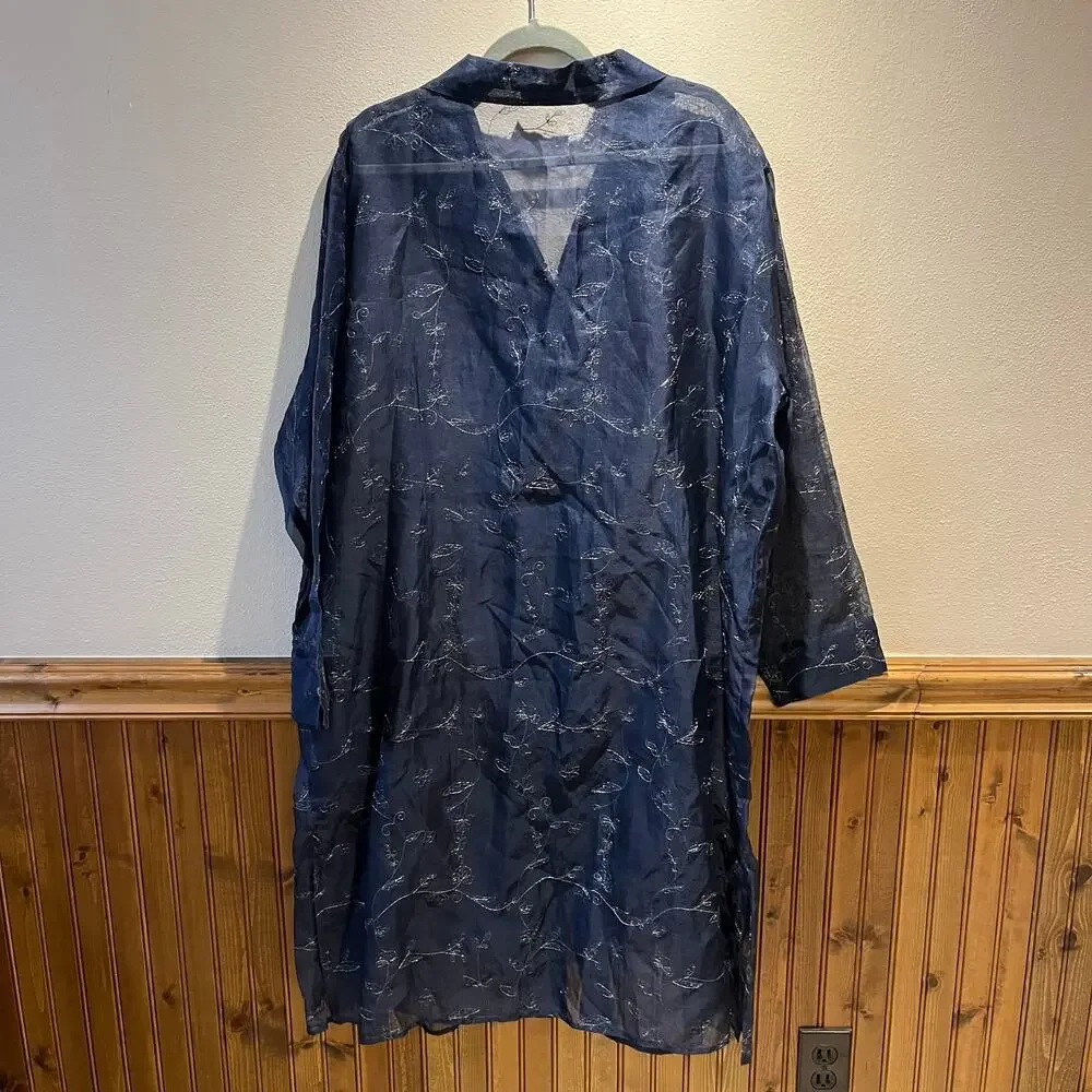 Ulla Popken Sheer Navy Embroidered Duster Feminine Fairy 26-28 Boho Casual